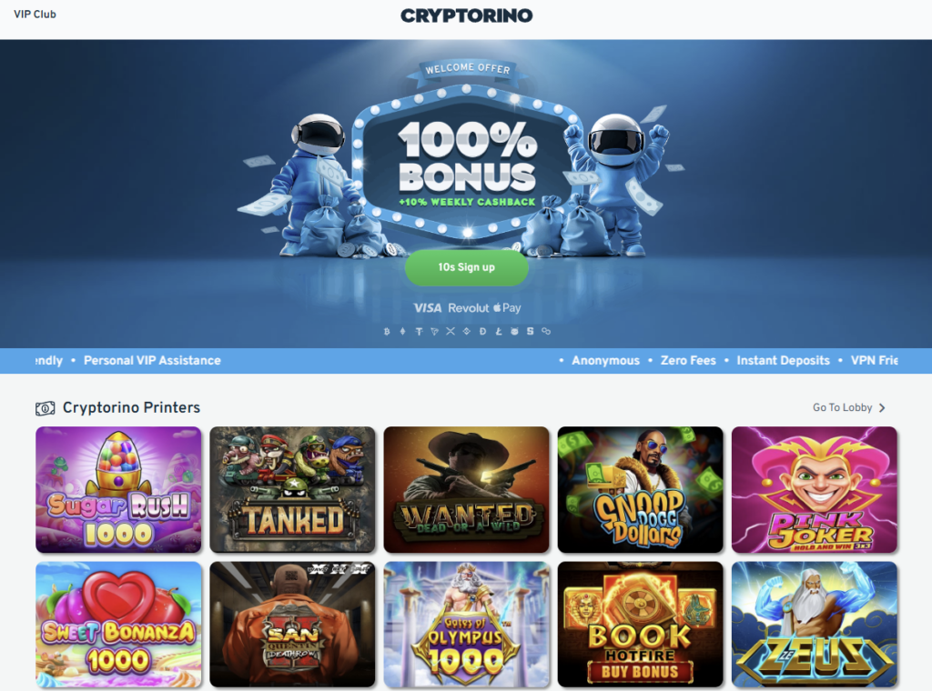 5. Cryptorino – Puikus Kripto Kazino Norintiems Išvengti KYC Patvirtinimo, Išsiskiria Gyvais Žaidimais iš Evolution ir Pragmatic Play