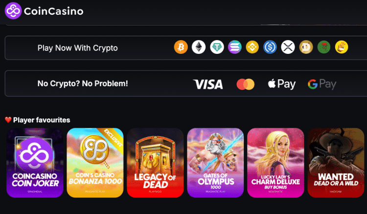 1. CoinCasino – vienas geriausių kripto kazino, su galimybe padidinti pirmąjį įnašą 200% 
